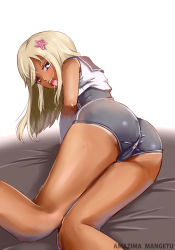 Rule 34 | 10s, 1girl, amazima mangetu, amazimamangetu, artist name, ass, back, blonde hair, blue eyes, crop top, eyebrows, flower, from behind, hair flower, hair ornament, kantai collection, kneepits, long hair, looking at viewer, looking back, one-piece swimsuit, one-piece tan, open mouth, pink flower, ro-500 (kancolle), saliva, school swimsuit, school uniform, serafuku, sleeveless, solo, swimsuit, swimsuit under clothes, tan, tanline, tongue