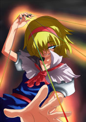 Rule 34 | 1girl, alice margatroid, ascot, blonde hair, blue eyes, capelet, female focus, glowing, glowing eyes, hairband, harusame (unmei no ikasumi), looking at viewer, puffy sleeves, puppet rings, puppet strings, ring, short hair, short sleeves, smile, solo, string, touhou