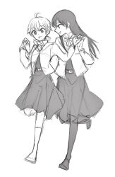 Rule 34 | 2girls, absurdres, ahoge, commentary request, dress, full body, greyscale, highres, holding hands, jacket, koito yuu, long hair, long sleeves, looking at another, monochrome, multiple girls, nanami touko, nyamo, open mouth, running, school uniform, short twintails, smile, tohmi higashi high school uniform, twintails, yagate kimi ni naru