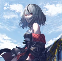 Rule 34 | 1girl, absurdres, bare shoulders, blue sky, cloud, coat, day, floating hair, from side, hair between eyes, hair ornament, hair over mouth, hairclip, highres, hololive, kyatto-mikazu, long hair, looking at viewer, multicolored hair, outdoors, red eyes, sakamata chloe, silver hair, sky, solo, streaked hair, virtual youtuber