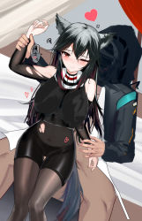 Rule 34 | 1boy, 1girl, ;), absurdres, anger vein, animal ears, arknights, arm up, bare shoulders, bed sheet, bike shorts, black coat, black hair, black legwear, blush, bodystocking, breasts, closed mouth, clothing cutout, coat, covered navel, crop top, crop top overhang, detached sleeves, doctor (arknights), heart, hetero, highres, holding another&#039;s wrist, impossible clothes, large breasts, long hair, long sleeves, male doctor (arknights), mask, mikuning, on bed, one eye closed, open clothes, open coat, open shirt, red eyes, shirt, sitting, smile, spread legs, squiggle, tail, tail through clothes, texas (arknights), thigh gap, torn clothes, torn sleeves, white shirt, wolf ears, wolf girl, wolf tail