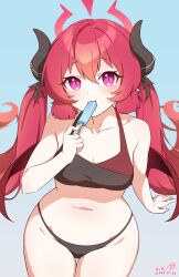 Rule 34 | 1girl, absurdres, artist logo, artist name, bare shoulders, black bra, black panties, blue archive, blunt tresses, bra, breasts, cleavage, collarbone, cowboy shot, dated, food, food in mouth, gradient background, groin, halo, highres, holding, holding food, holding popsicle, horns, hr.r, junko (blue archive), looking at viewer, looking up, medium breasts, navel, panties, pink eyes, pointy ears, popsicle, popsicle in mouth, red hair, sidelocks, sitting, slit pupils, solo, twintails, underwear, wide hips, wings