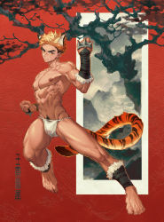 Rule 34 | 1boy, animal ears, arm up, arsh (thestarwish), barefoot, blonde hair, brass knuckles, bulge, clenched hand, facial scar, feet, fighting stance, fundoshi, fur trim, highres, japanese clothes, legs apart, looking at viewer, male focus, muscular, muscular male, navel, navel hair, nipples, orange eyes, original, outstretched leg, pectorals, scar, scar on cheek, scar on face, scar on nose, short hair, smile, smirk, solo, spiked knuckles, standing, tail, thighs, tiger boy, tiger ears, tiger tail, tree, weapon, wet clothes, wet fundoshi