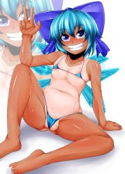Rule 34 | 1girl, arm support, bare arms, bare legs, bare shoulders, barefoot, bikini, blue bikini, blue bow, blue eyes, blue hair, blush, bow, breasts, cirno, collarbone, grin, hair bow, hidden star in four seasons, highres, looking at viewer, micro bikini, nose blush, one-piece tan, partially visible vulva, short hair, sitting, skindentation, small breasts, smile, solo, spread legs, sweat, swimsuit, tan, tanline, tanned cirno, teikoku gensui, touhou, zoom layer