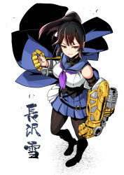 Rule 34 | 1girl, arm at side, arm strap, assault lily, bangs, bare shoulders, belt, black belt, black footwear, black hair, black shirt, blue sailor collar, blue skirt, boots, breasts, brown pantyhose, character name, clenched hand, commentary, crop top, detached sleeves, dual wielding, floating cape, floating hair, from above, full body, hand up, highres, holding, knee boots, kneehighs, large breasts, long hair, long sleeves, looking away, miniskirt, nagasawa yuki (assault lily), neckerchief, odaiba girls high school uniform, pantyhose, parted lips, pleated skirt, ponytail, power fist, purple neckerchief, red eyes, ribbed shirt, sailor collar, school uniform, serafuku, shirt, simple background, skirt, sleeveless, sleeveless shirt, smile, socks, solo, standing, thigh strap, translated, tsukinami kousuke, undershirt, v-shaped eyebrows, waist cape, white background, white shirt