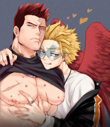 Rule 34 | 2boys, :q, absurdres, bandaid, bare pectorals, black shirt, blonde hair, boku no hero academia, clothes lift, couple, endeavor (boku no hero academia), facial hair, feathered wings, grabbing, greyscale, hawks (boku no hero academia), helen roro, hickey, highres, large pectorals, lifting another&#039;s clothes, male focus, mature male, monochrome, multiple boys, muscular, muscular male, nipple piercing, nipples, pectoral grab, pectorals, piercing, red hair, red wings, scar, scar across eye, scar on chest, scar on face, shirt, shirt lift, short hair, sideburns, spiked hair, stubble, tongue, tongue out, wings, yaoi