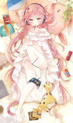 Rule 34 | 1girl, absurdres, arm behind head, arm up, bad id, bad pixiv id, bag of chips, bare shoulders, bed sheet, blush, chips (food), closed mouth, collarbone, commentary request, controller, food, food in mouth, full body, game controller, hair ornament, headphones, highres, knee up, lace, lace-trimmed legwear, lace trim, long hair, looking at viewer, low twintails, lying, no shoes, on back, original, panties, pink hair, pocky, potato chips, red eyes, short eyebrows, side-tie panties, solo, star (symbol), star hair ornament, strapless, stuffed animal, stuffed giraffe, stuffed rabbit, stuffed sheep, stuffed toy, thick eyebrows, thighhighs, tsukiyo (skymint), twintails, underwear, very long hair, white panties, white thighhighs