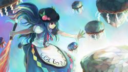 Rule 34 | 1girl, bad id, bad pixiv id, black hat, blue hair, bow, burning, cowboy shot, dress, fire, floating rock, flying, food, from side, fruit, hat, hinanawi tenshi, holding, holding sword, holding weapon, ichiba youichi, keystone, long hair, peach, profile, red eyes, rope, shimenawa, short sleeves, solo, sword, sword of hisou, touhou, weapon