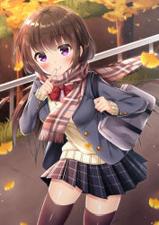 Rule 34 | 1girl, bag, blazer, blue skirt, blush, bow, bowtie, brown hair, brown scarf, brown sweater, brown thighhighs, cardigan, closed mouth, collared shirt, commentary request, day, dress shirt, enpera, fingernails, fringe trim, fujikura ryuune, ginkgo tree, ginkgo leaf, grey jacket, hair between eyes, index finger raised, jacket, leaf, long hair, long sleeves, looking at viewer, open clothes, open jacket, original, outdoors, plaid, plaid scarf, pleated skirt, purple eyes, red bow, red bowtie, scarf, school bag, shirt, skindentation, skirt, sleeves past wrists, smile, solo, standing, sweater, thighhighs, tree, very long hair, white shirt, zettai ryouiki