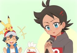 Rule 34 | 2boys, antenna hair, ash ketchum, baseball cap, black hair, blush, brown hair, clenched hands, commentary request, creatures (company), eyelashes, game freak, gen 1 pokemon, gen 8 pokemon, goh (pokemon), hair ornament, hairclip, hands up, hat, holding, holding microphone, kouzuki (reshika213), microphone, multiple boys, nintendo, on head, open mouth, pikachu, pokemon, pokemon (anime), pokemon (creature), pokemon journeys, pokemon on head, raboot, shirt, tongue, white shirt