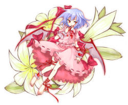 Rule 34 | 1girl, barefoot, blood, blood on face, blood on clothes, blood on hands, female focus, floral background, flower, full body, hat, lily (flower), miya (tsumazukanai), no headwear, no headwear, remilia scarlet, solo, touhou, wings