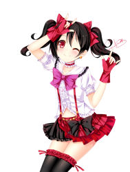 Rule 34 | 10s, 1girl, black hair, black thighhighs, bokura wa ima no naka de, bow, fingerless gloves, frilled thighhighs, frills, gloves, grandia bing, hair bow, idol, looking at viewer, love live!, love live! school idol project, m/, one eye closed, red eyes, short hair, skirt, smile, solo, thighhighs, twintails, yazawa nico, zettai ryouiki