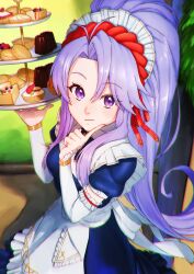 Rule 34 | 1girl, absurdres, aduti momoyama, apron, blue dress, blue eyes, dessert, detached sleeves, dress, finger to mouth, fire emblem, fire emblem: genealogy of the holy war, fire emblem heroes, food, frilled apron, frills, high ponytail, highres, holding, holding tray, light blush, long hair, looking at viewer, maid, maid headdress, nintendo, official alternate costume, parted bangs, ponytail, smile, solo, tailtiu (fire emblem), tailtiu (tea party) (fire emblem), tiered tray, tray, very long hair, waitress