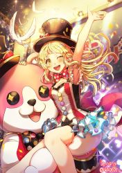 Rule 34 | 9 0 0, :3, ;d, animal, animal costume, arm up, armpits, bang dream!, bear costume, bird, black neckwear, black shorts, blonde hair, blurry, blurry background, bow, bowtie, breasts, carrying, cleavage, commentary request, confetti, dated, diffraction spikes, dove, hand on another&#039;s head, hat, hat bow, headwear writing, highres, long hair, looking at viewer, mascot costume, michelle (bang dream!), one eye closed, open mouth, polka dot neckwear, pom pom (clothes), red bow, red neckwear, red sash, sash, scaffolding, screen, shorts, showgirl skirt, small breasts, smile, sparkling eyes, top hat, tsurumaki kokoro, twitter username, yellow eyes