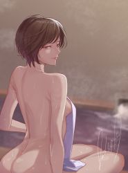 Rule 34 | 1girl, absurdres, amagami, ass, bow, brown eyes, brown hair, cover, cover page, covering privates, danieri, eyebrows hidden by hair, highres, looking at viewer, naked towel, nude cover, onsen, over shoulder, short hair, signature, solo, towel, tsukahara hibiki, wet, white bow