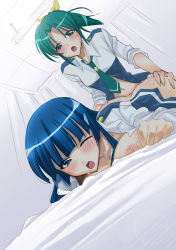 Rule 34 | 10s, 1futa, 1girl, aoki reika, ass, ass grab, bed, blue eyes, blue hair, blush, breasts, clothed sex, curtains, doggystyle, from behind, futa with female, futanari, green eyes, green hair, implied futanari, infirmary, large breasts, midorikawa nao, multiple girls, navel, nipples, one eye closed, open mouth, ponytail, precure, pussy juice, school uniform, sex, sex from behind, sleeves rolled up, smile precure!, sweat, takano saku, top-down bottom-up, wink