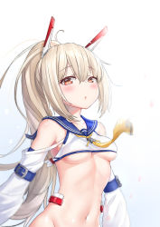 Rule 34 | 1girl, :o, ayanami (azur lane), azur lane, bare shoulders, blonde hair, blue sailor collar, blush, breasts, cherry blossoms, commentary, crop top, detached sleeves, falling petals, hair between eyes, headgear, long hair, looking at viewer, medium breasts, navel, neckerchief, open mouth, petals, ponytail, red eyes, retrofit (azur lane), sailor collar, sidelocks, skindentation, solo, stomach, underboob, very long hair, wide sleeves, yellow neckerchief, yudaneko