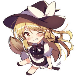 Rule 34 | 1girl, apron, black bow, black footwear, black hat, black skirt, black vest, blonde hair, blush, bow, braid, breasts, broom, broom riding, brown eyes, chibi, collared shirt, commentary request, frilled skirt, frills, full body, grin, hair bow, hat, hat bow, highres, kirisame marisa, long hair, looking at viewer, medium breasts, nenobi (nenorium), one eye closed, puffy short sleeves, puffy sleeves, shirt, shoes, short sleeves, signature, simple background, single braid, sitting, skirt, smile, solo, star (symbol), touhou, v-shaped eyebrows, very long hair, vest, waist apron, white apron, white background, white bow, white shirt, witch hat, yellow eyes