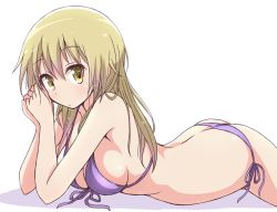 Rule 34 | 1girl, back, bikini, blonde hair, breasts, butt crack, cleavage, closed mouth, collarbone, commentary request, expressionless, front-tie bikini top, front-tie top, hair between eyes, hair down, halterneck, ichii yui, long hair, looking at viewer, lying, medium breasts, mel (melty pot), on stomach, own hands together, purple bikini, shadow, side-tie bikini bottom, sideboob, solo, string bikini, swimsuit, wet, wet hair, white background, yellow eyes, yuyushiki
