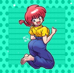 Rule 34 | 1girl, ass, barefoot, blue eyes, braid, chinese clothes, genderswap, genderswap (mtf), looking back, open mouth, ranma-chan, ranma 1/2, red hair, saotome ranma, single braid, solo, tangzhuang, wanta (futoshi)