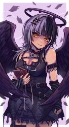 Rule 34 | 1girl, angel, angel wings, arm strap, artist request, bare shoulders, belt, black choker, black dress, black feathers, black gloves, black hair, black halo, black nails, black wings, blunt bangs, blush, book, breasts, chest belt, choker, cleavage, dress, dress ribbon, elbow gloves, feathered wings, feathers, gloves, grey hair, hair intakes, hair ornament, halo, highres, holding, holding book, hololive, hololive english, lace-trimmed choker, lace trim, large breasts, long hair, looking at viewer, melting halo, multicolored hair, nail polish, ribbon, shiori novella, shiori novella (1st costume), simple background, smile, solo, split-color hair, striped arm warmers, striped clothes, striped gloves, two-tone hair, virtual youtuber, white ribbon, wings, yellow eyes