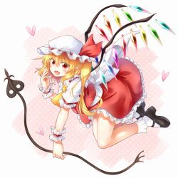 Rule 34 | 1girl, ascot, back bow, black footwear, blonde hair, bobby socks, bow, crystal, fang, flandre scarlet, frilled shirt collar, frilled skirt, frilled sleeves, frills, full body, hair between eyes, hat, hat ribbon, heart, highres, holding, holding polearm, holding weapon, laevatein (touhou), long hair, looking at viewer, marukyuu ameya, mary janes, mob cap, multicolored wings, open mouth, pink background, pointy ears, polearm, puffy short sleeves, puffy sleeves, red eyes, red ribbon, red skirt, red vest, ribbon, shirt, shoes, short sleeves, side ponytail, simple background, skirt, skirt set, socks, solo, touhou, vest, weapon, white bow, white hat, white shirt, white socks, wings, wrist cuffs, yellow ascot