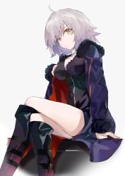 Rule 34 | 1girl, absurdres, ahoge, boots, breasts, fate/grand order, fate (series), fur-trimmed jacket, fur trim, highres, jacket, jeanne d&#039;arc (fate), jeanne d&#039;arc alter (fate), jeanne d&#039;arc alter (ver. shinjuku 1999) (fate), long hair, looking at viewer, medium breasts, official alternate costume, same (sendai623), silver hair, sitting, solo, very long hair, yellow eyes
