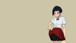 Rule 34 | 1girl, ahoge, bang-you, blue eyes, blush, breasts, cameltoe, clothes lift, copyright request, highres, school uniform, shirt, short hair, skirt, skirt lift, smile, spats under shorts, third-party edit