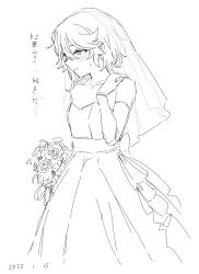 1girl alternate_costume bare_shoulders blush bouquet breasts bridal_veil collarbone cropped_legs dated detached_sleeves dress flower from_side greyscale highres holding holding_bouquet lineart momijiyama_teru monochrome short_hair shy_(series) small_breasts solo takatisakana translation_request veil wedding_dress