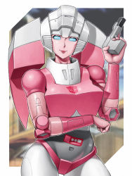 Rule 34 | 1girl, arcee, autobot, blue eyes, clenched hand, gun, head tilt, highres, holding, holding gun, holding weapon, leaning to the side, looking at viewer, mecha, no humans, robot, science fiction, skylock, smile, solo, transformers, weapon