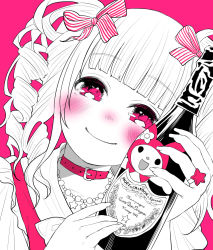 Rule 34 | 1girl, blunt bangs, blush, bottle, choker, closed mouth, drill hair, eyebrows, female focus, fingernails, hair ribbon, hello kitty, highres, holding, jewelry, long fingernails, long hair, looking at viewer, monochrome, my melody, necklace, original, pink background, pink eyes, pink theme, ribbon, ring, sanrio, shiori (moechin), simple background, smile, solo, spot color, star (symbol), star necklace, striped ribbon, twintails, upper body, wine bottle