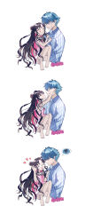 Rule 34 | 1boy, 1girl, absurdres, adjusting eyewear, arms up, babydoll, bare arms, bare legs, barefoot, black hair, blue eyes, blue hair, carrying, closed eyes, closed mouth, collared shirt, commentary, cropped torso, double bun, eyewear strap, facing another, fate/grand order, fate (series), forehead tattoo, glasses, grey shirt, hair bun, hands up, hans christian andersen (adult) (fate), hans christian andersen (fate), heart, highres, liangchanxingmingrixiang, long hair, looking at another, multicolored hair, multiple views, one-piece swimsuit, open mouth, parted bangs, pink babydoll, pink hair, princess carry, profile, sessyoin kiara, sessyoin kiara (lily), shirt, shirt grab, short hair, sidelocks, simple background, sleeves past elbows, smile, spoken squiggle, squiggle, streaked hair, striped clothes, striped shirt, swimsuit, teeth, two-tone shirt, upper teeth only, vertical-striped clothes, vertical-striped shirt, very long hair, wavy hair, white background, white one-piece swimsuit, white shirt, yellow eyes