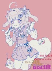 Rule 34 | 1girl, ahoge, animal ears, belt, biscuit (nikke), blush, bone hair ornament, bowtie, breasts, brooch, character name, checkered bow, checkered bowtie, closed mouth, cropped legs, dog, dog ears, dog girl, dog tail, dress, dress shirt, goddess of victory: nikke, hair intakes, hair ornament, hair ribbon, heart, heart brooch, heart hair ornament, holding, holding whistle, looking at viewer, medium breasts, medium hair, monochrome, pleated dress, puffy sleeves, rabbit, ribbon, shirt, smile, tail, usapam3hechi, whistle