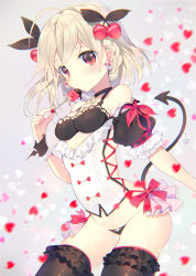 Rule 34 | 1girl, ahoge, bare shoulders, black bra, black panties, black ribbon, black thighhighs, blonde hair, blush, bow, bra, braid, breastless clothes, breasts, cherry hair ornament, chocolate, choker, chromatic aberration, closed mouth, clothing cutout, cowboy shot, cross-laced clothes, demon tail, detached sleeves, earrings, fingernails, food, food-themed hair ornament, frills, from side, fruit, grey background, hair ornament, hair ribbon, heart, heart cutout, highres, holding, jewelry, lace, lace-trimmed bra, lace trim, lock, long hair, looking at viewer, motion blur, original, padlock, padlocked collar, panties, pout, puffy short sleeves, puffy sleeves, red bow, red eyes, ribbon, rugo, short hair, short sleeves, showgirl skirt, skindentation, small breasts, solo, strawberry, swept bangs, tail, thighhighs, transparent, underwear, valentine, wrist cuffs