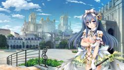 Rule 34 | 1girl, blue eyes, blue hair, blue sky, blush, bow, breasts, building, bush, castle, center opening, city, cloud, cloudy sky, cowboy shot, day, dmm, dress, fountain, frills, gate, girls symphony, gloves, hair bow, hair ornament, hand on own arm, heart, heart hair ornament, highres, holding, holding staff, lamppost, large breasts, long hair, looking at viewer, medium breasts, outdoors, palace, parted lips, railing, short sleeves, sky, skyline, solo, staff, stairs, standing, symphony x, town, tree, underboob, waist cape, wallpaper, white bow, white gloves