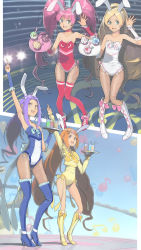 Rule 34 | 10s, 4girls, adapted costume, akinbo (hyouka fuyou), animal ears, arm up, bad id, bad pixiv id, bare shoulders, beamed quavers, blonde hair, blue footwear, boots, bow, brown hair, choker, cure beat, cure melody, cure muse, cure muse (yellow), cure rhythm, eyelashes, fake animal ears, fishnet pantyhose, fishnets, glass, heart, high heels, highres, houjou hibiki, knee boots, kurokawa eren, leotard, long hair, minamino kanade, multiple girls, musical note, pantyhose, pink hair, pink legwear, playboy bunny, precure, purple hair, quaver, rabbit ears, seiren (suite precure), shirabe ako, shoes, suite precure, thigh boots, thighhighs, twintails, white leotard, yellow bow