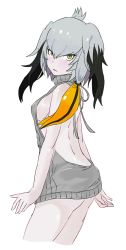 Rule 34 | 10s, 1girl, akari04, arms at sides, back, backless dress, backless outfit, bare arms, bare back, bare legs, bare shoulders, black hair, breasts, closed mouth, cowboy shot, drawstring, dress, from side, green eyes, grey hair, grey sweater, hair between eyes, halterneck, highres, kemono friends, light smile, long hair, looking at viewer, low ponytail, medium breasts, meme attire, multicolored hair, naked sweater, orange hair, pale skin, ribbed sweater, shoebill (kemono friends), short hair with long locks, side ponytail, sideboob, simple background, sleeveless, sleeveless dress, sleeveless turtleneck, solo, sweater, sweater dress, tsurime, turtleneck, turtleneck sweater, virgin killer sweater, white background