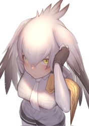 Rule 34 | 1girl, akuma (st.takuma), black gloves, blonde hair, breast pocket, breasts, commentary, fingerless gloves, gloves, grey shirt, grey shorts, hair between eyes, head wings, highres, kemono friends, large breasts, looking at viewer, multicolored hair, necktie, pocket, shirt, shoebill (kemono friends), shorts, simple background, single sidelock, solo, two-tone hair, white background, white necktie, wings, yellow eyes