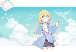 Rule 34 | 1girl, artist name, balloon, black skirt, blonde hair, blue bow, blue eyes, blue hoodie, blue sky, blush stickers, bow, braid, breasts, closed mouth, clothing cutout, cloud, colored inner hair, commentary, constellation, cowboy shot, cross, cross earrings, diandian, earrings, english commentary, fish, hand up, highres, hood, hoodie, jellyfish, jewelry, unworn jewelry, large breasts, letterboxed, long sleeves, looking at viewer, medium hair, multicolored hair, nail polish, necklace, unworn necklace, original, pink bow, pink hair, pink nails, shoulder cutout, side braid, skirt, sky, solo, sparkle, star (symbol), thank you