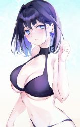 Rule 34 | 1girl, absurdres, bad id, bad twitter id, bikini, black bikini, blue bow, blue eyes, blue hair, blush, bow, bow earrings, breasts, cleavage, clenched hand, earrings, hair intakes, halterneck, highres, hololive, hololive english, jewelry, large breasts, looking to the side, mile (off8mile), navel, ouro kronii, parted lips, solo, stomach, swimsuit, virtual youtuber