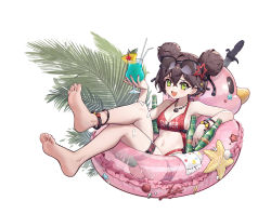 Rule 34 | 1girl, absurdres, anklet, barefoot, bikini, bottle, breasts, brown hair, camera phone, chunrijun (springer), cleavage, collarbone, combination weapon, cup, double bun, eyewear on head, feet, floor, girls&#039; frontline, green eyes, gun, hair bun, hair ornament, handgun, highres, holding, holding cup, jewelry, knife, knife gun, legs, lifebuoy, looking at viewer, medium hair, multiple-barrel firearm, navel, official art, open mouth, patch, pistol, qsb-91, qsb-91 (floating mint tea) (girls&#039; frontline), qsb-91 (girls&#039; frontline), quadruple-barreled pistol, red bikini, simple background, sitting, small breasts, smile, soles, solo, star (symbol), star hair ornament, starfish, summer, swim ring, swimsuit, toes, viewfinder, volley gun, weapon, white background