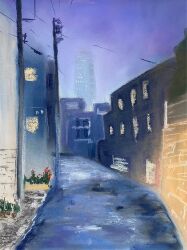 Rule 34 | alley, blue sky, building, city, fog, highres, night, night sky, no humans, original, painting (medium), path, plant, potted plant, power lines, road, sakaue111, scenery, sky, street, traditional media, utility pole, window