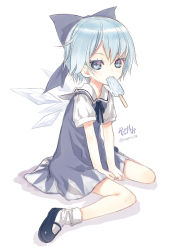 Rule 34 | 1girl, bad id, bad pixiv id, blue dress, blue eyes, blue hair, capriccio, cirno, dress, food, hair bobbles, hair ornament, hibanar, highres, ice, ice wings, looking at viewer, mary janes, matching hair/eyes, mouth hold, popsicle, puffy sleeves, shirt, shoes, simple background, sitting, solo, touhou, v arms, wariza, wings