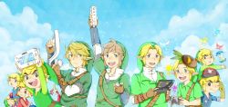 Rule 34 | 6+boys, black eyes, blonde hair, blue eyes, bomb, ciela, controller, daphnes nohansen hyrule, earrings, explosive, fairy, game console, game controller, gloves, guppy-kurisutaru, handheld game console, hat, highres, jewelry, link, male focus, mask, multiple boys, multiple persona, navi, nintendo, nintendo 3ds, nintendo 64, one eye closed, pointy ears, smile, tael, tatl, the king of red lions, the legend of zelda, the legend of zelda: four swords, the legend of zelda: majora&#039;s mask, the legend of zelda: ocarina of time, the legend of zelda: phantom hourglass, the legend of zelda: skyward sword, the legend of zelda: spirit tracks, the legend of zelda: the wind waker, the legend of zelda: twilight princess, toon link, wii remote, wii u, young link