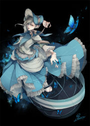 Rule 34 | 1girl, anotherxalice, arm up, artist name, black background, blue butterfly, blue dress, blue eyes, bonnet, bug, butterfly, cartolaio, dress, eyeshadow, full body, gloves, grey hair, bug, looking at viewer, makeup, official art, pale skin, school uniform, serafuku, short hair, simple background, solo, white gloves
