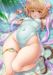 Rule 34 | 1girl, :o, andira (granblue fantasy), animal ears, bare legs, blonde hair, breasts, cameltoe, cleft of venus, covered navel, detached sleeves, double bun, erune, granblue fantasy, hair bun, highleg, highleg swimsuit, highres, looking at viewer, lying, monkey ears, monkey tail, on back, one-piece swimsuit, red eyes, sandals, see-through, short hair, small breasts, solo, swimsuit, tail, thighs, water, wide hips, yasojima nejiro