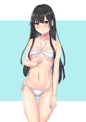 Rule 34 | 1girl, absurdres, bikini, black hair, blue background, blue eyes, blush, breasts, closed mouth, collarbone, commentary request, cowboy shot, hair ribbon, highres, long hair, looking at viewer, meri-san, navel, red ribbon, ribbon, sidelocks, simple background, small breasts, solo, standing, swimsuit, two-tone background, white background, white bikini, yahari ore no seishun lovecome wa machigatteiru., yukinoshita yukino