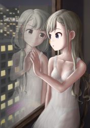 Rule 34 | 2girls, asukago, babydoll, bare shoulders, blue eyes, braid, braided bangs, breasts, brown eyes, cityscape, collarbone, dark room, different reflection, eye contact, hand to hand, highres, hisakawa hayate, hisakawa nagi, idolmaster, idolmaster cinderella girls, light smile, long hair, looking at another, low twintails, multiple girls, night, panties, parted lips, raised eyebrows, reflection, see-through, siblings, silver hair, sisters, sitting, sitting in window, small breasts, surprised, translucent, twins, twintails, underwear, very long hair, wavy hair, white panties, window