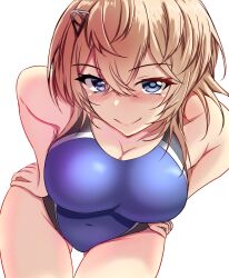 Rule 34 | 1girl, black one-piece swimsuit, blonde hair, blue eyes, blue one-piece swimsuit, blush, breasts, competition swimsuit, covered navel, hair between eyes, hair ornament, hairclip, highleg, highleg swimsuit, highres, impossible clothes, impossible swimsuit, kantai collection, large breasts, leaning forward, looking at viewer, medium hair, montemasa, multicolored clothes, multicolored swimsuit, one-hour drawing challenge, one-piece swimsuit, simple background, smile, solo, swimsuit, tuscaloosa (kancolle), two-tone swimsuit, white background