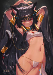 Rule 34 | 1girl, animal ears, ankh, armlet, armpits, arms up, bastet (mythology), black hair, blunt bangs, blush, breasts, budget sarashi, cat ears, cat girl, cat tail, chest sarashi, closed mouth, dancer, dark-skinned female, dark skin, egyptian, egyptian clothes, egyptian mythology, fang, gold, harem outfit, highres, komiya nigi, long hair, looking at viewer, navel, original, panties, revealing clothes, sarashi, sidelocks, small breasts, smile, solo, standing, stomach, tail, tail ornament, tail ring, underwear, usekh collar, very long hair, white panties, yellow eyes